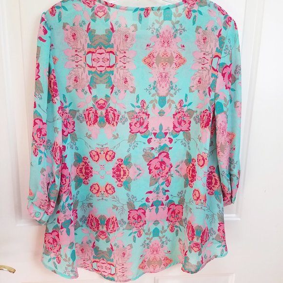 Forever 21 Women's Hi Lo Semi Sheer Turquoise Floral Shirt Top Blouse Cover Up - Picture 7 of 13